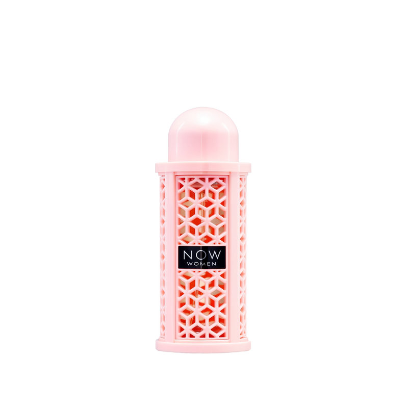 A cylindrical pink perfume bottle with a domed cap and a geometric lattice design, labeled ‘Now Women’ by Rave Lattafa.
