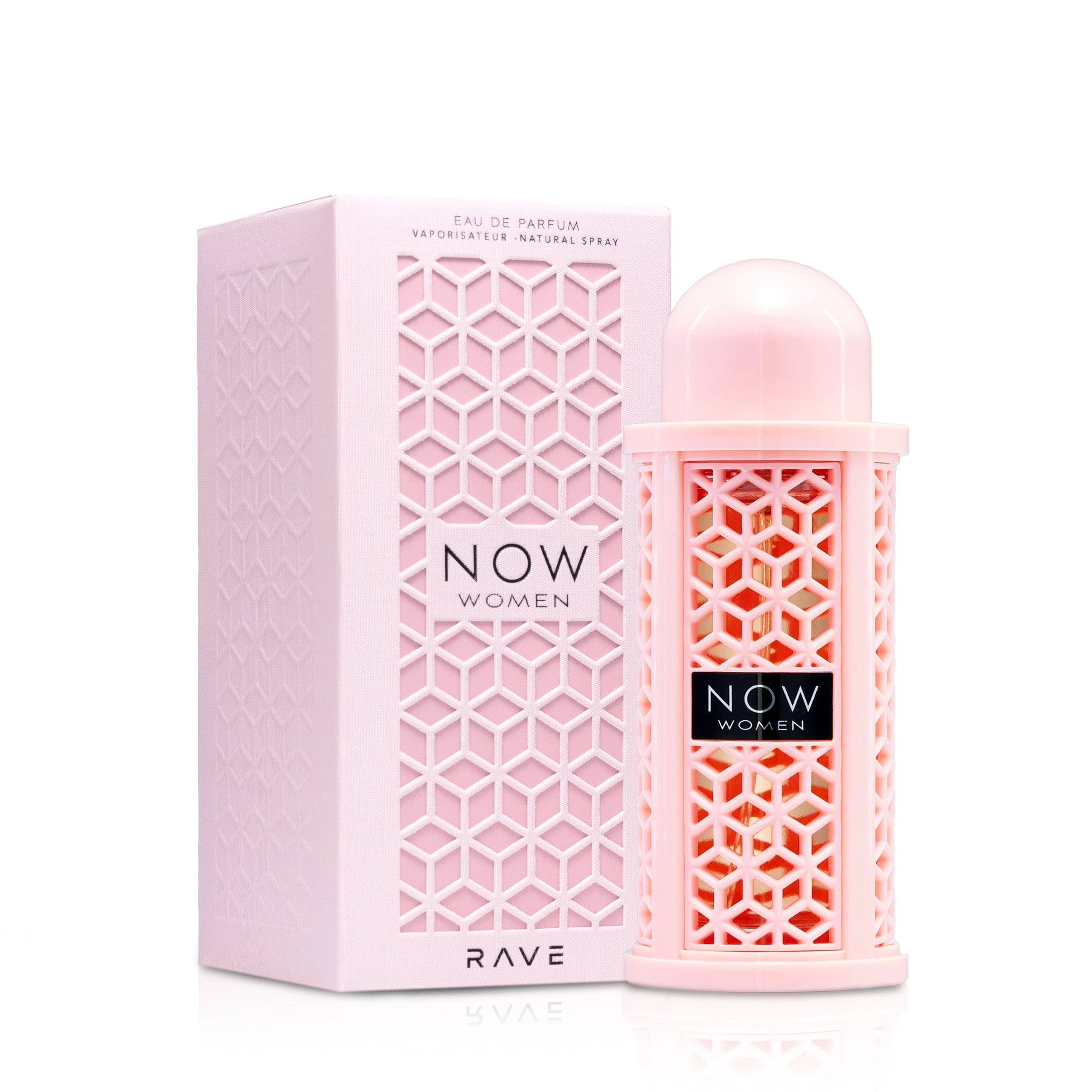 A pink rectangular box with a geometric lattice design labeled ‘Now Women Eau De Parfum’ by Rave Lattafa, shown next to a matching cylindrical pink perfume bottle with a domed cap and the same lattice pattern.