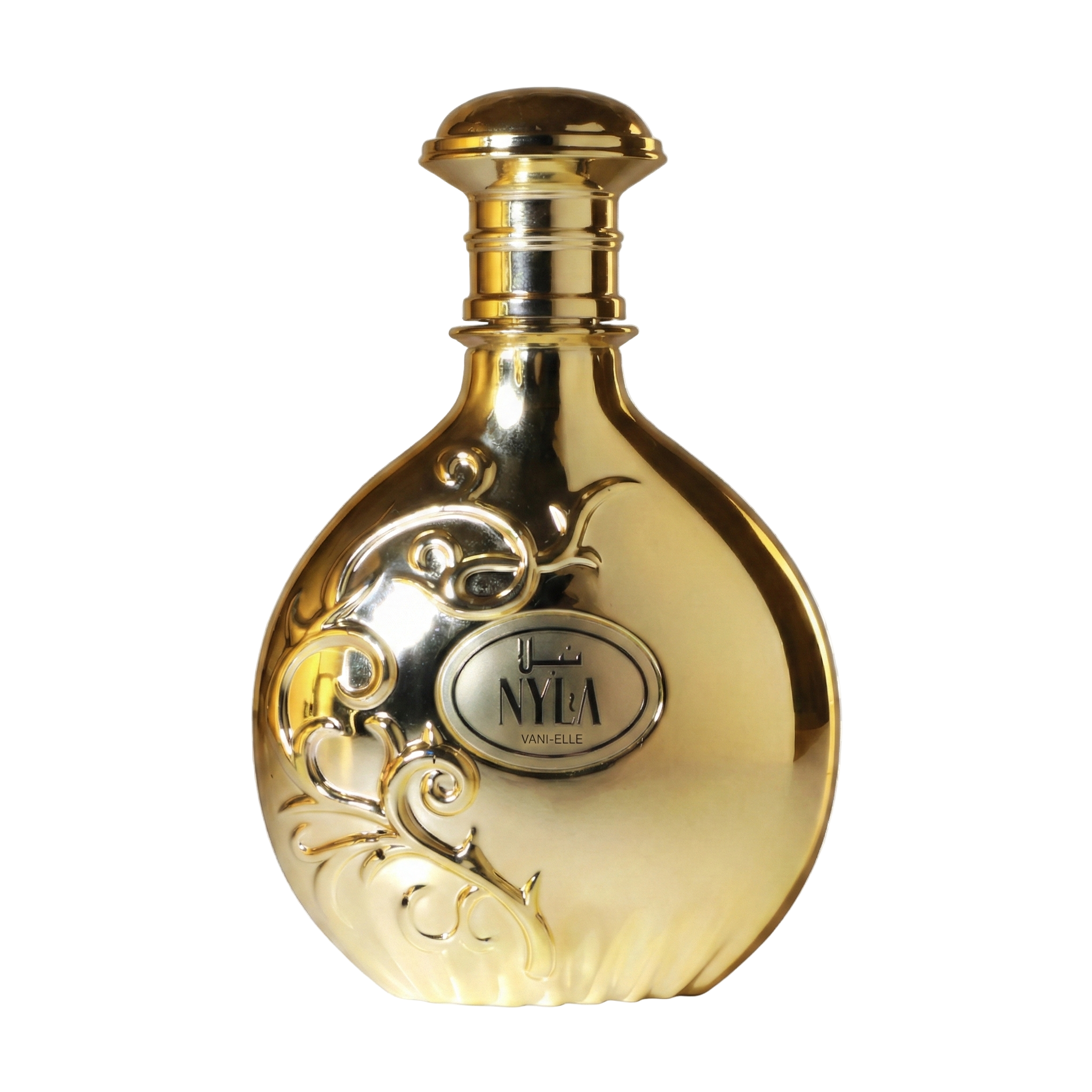 Gold ornate perfume bottle with embossed swirls and a central Nyla Vani-Elle label on a transparent background.