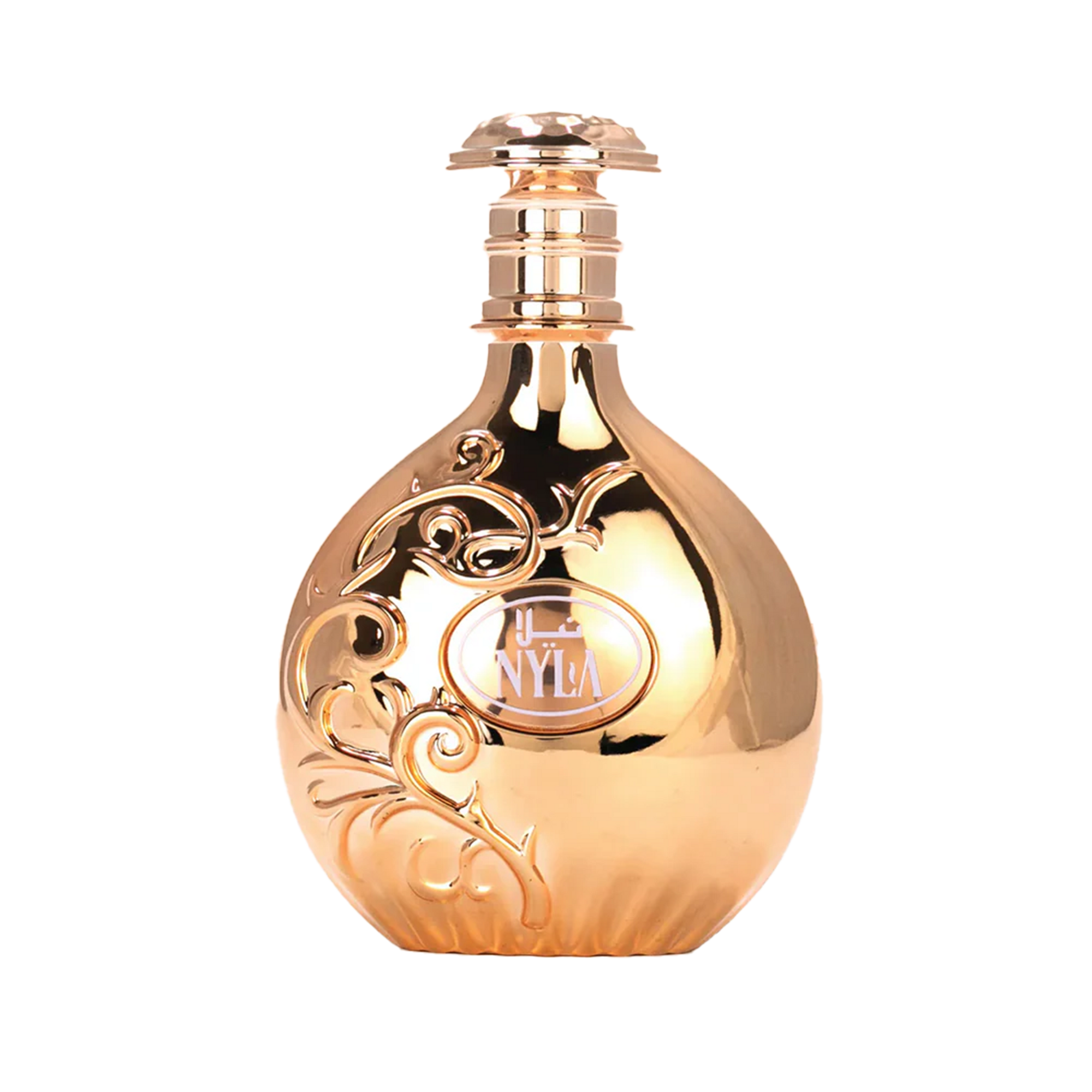 Gold reflective Nyla perfume bottle with ornate swirling design.