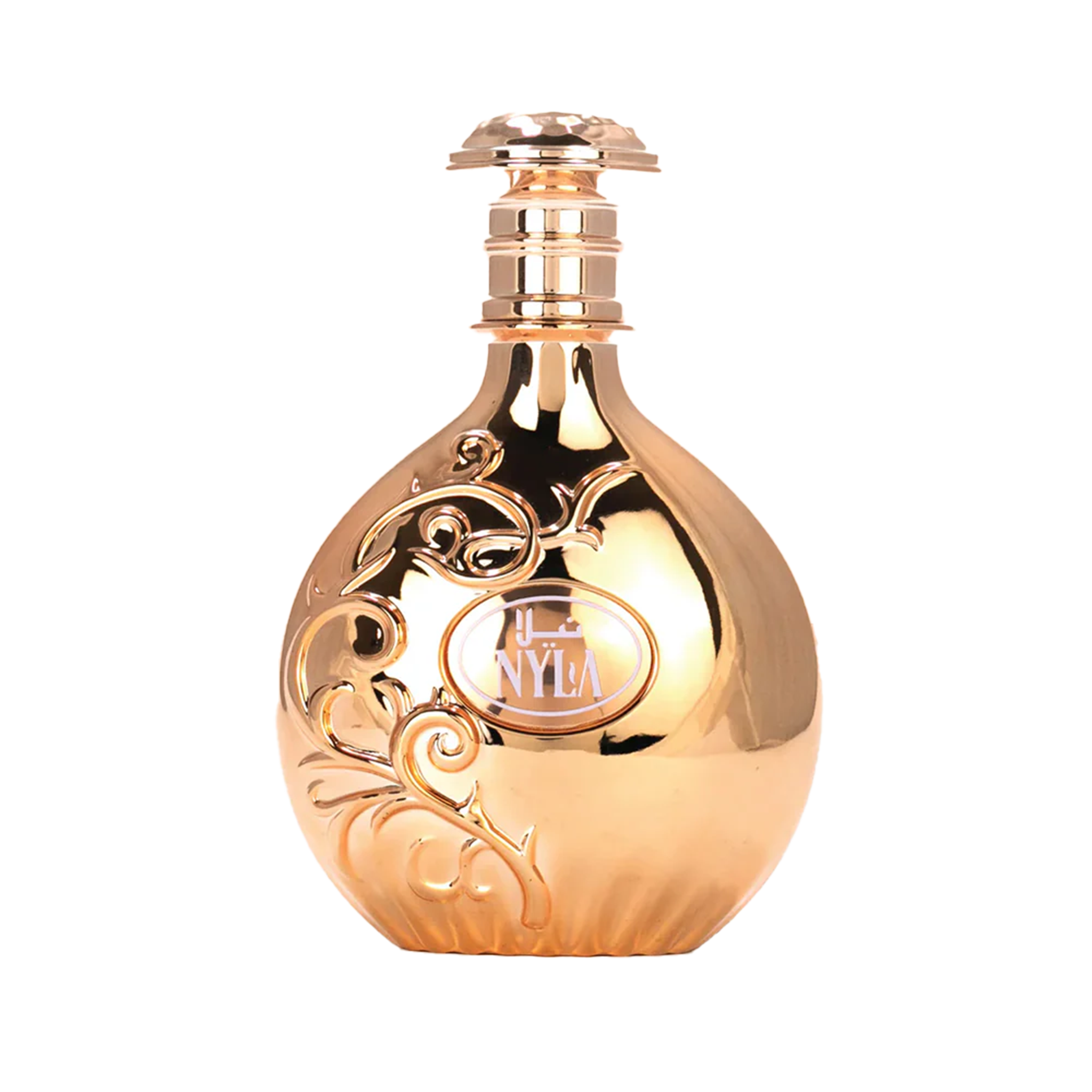 Gold reflective Nyla perfume bottle with ornate swirling design.