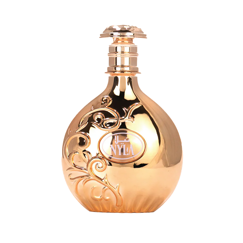 Gold reflective Nyla perfume bottle with ornate swirling design.
