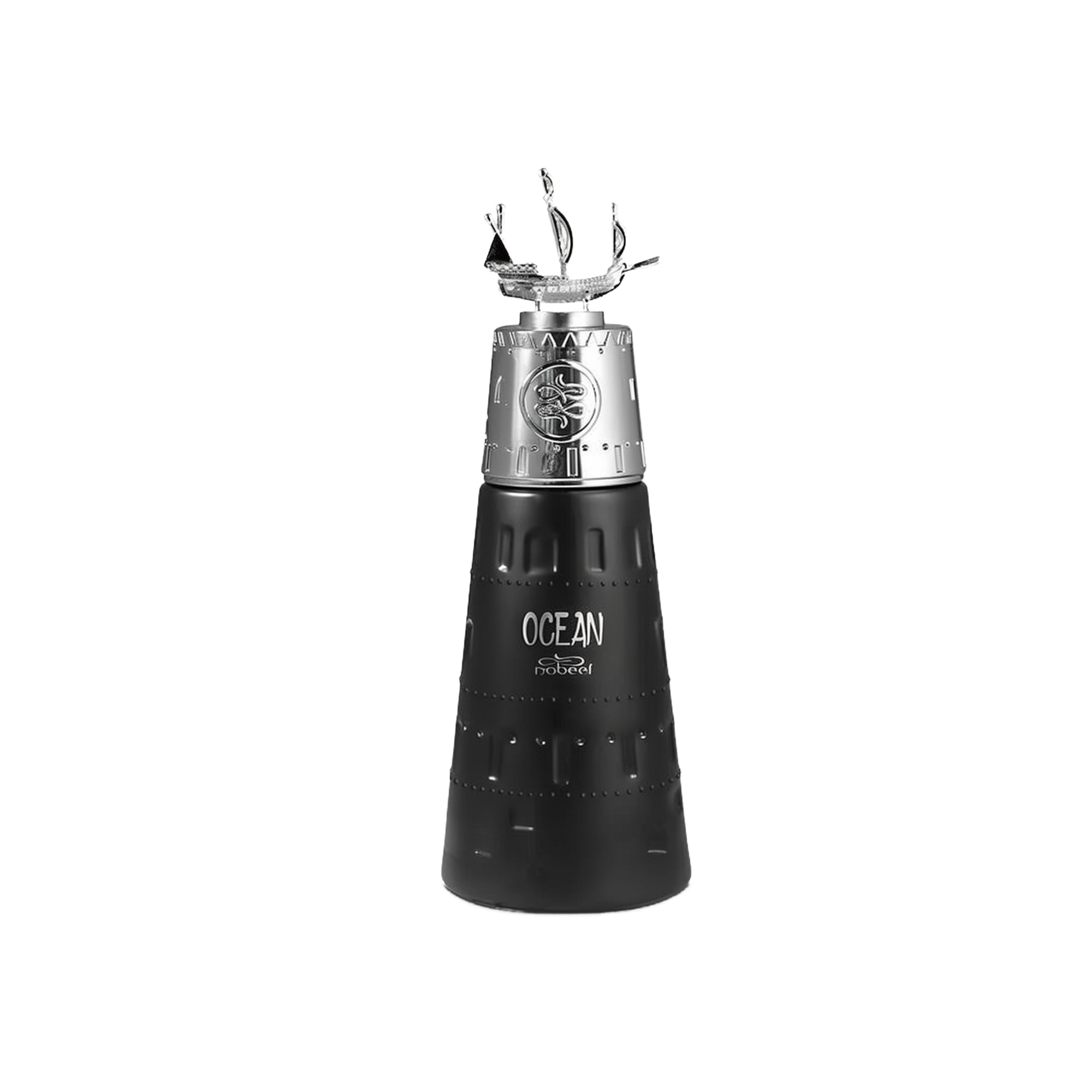his is an image of a sleek, black designer fragrance bottle with the name "OCEAN" printed on it. The bottle has a unique, tapered shape and a textured surface resembling the body of a submarine with rivet details. The cap of the bottle is silver with embossed designs, topped with a small, intricate silver sculpture of a ship with its sails unfurled.