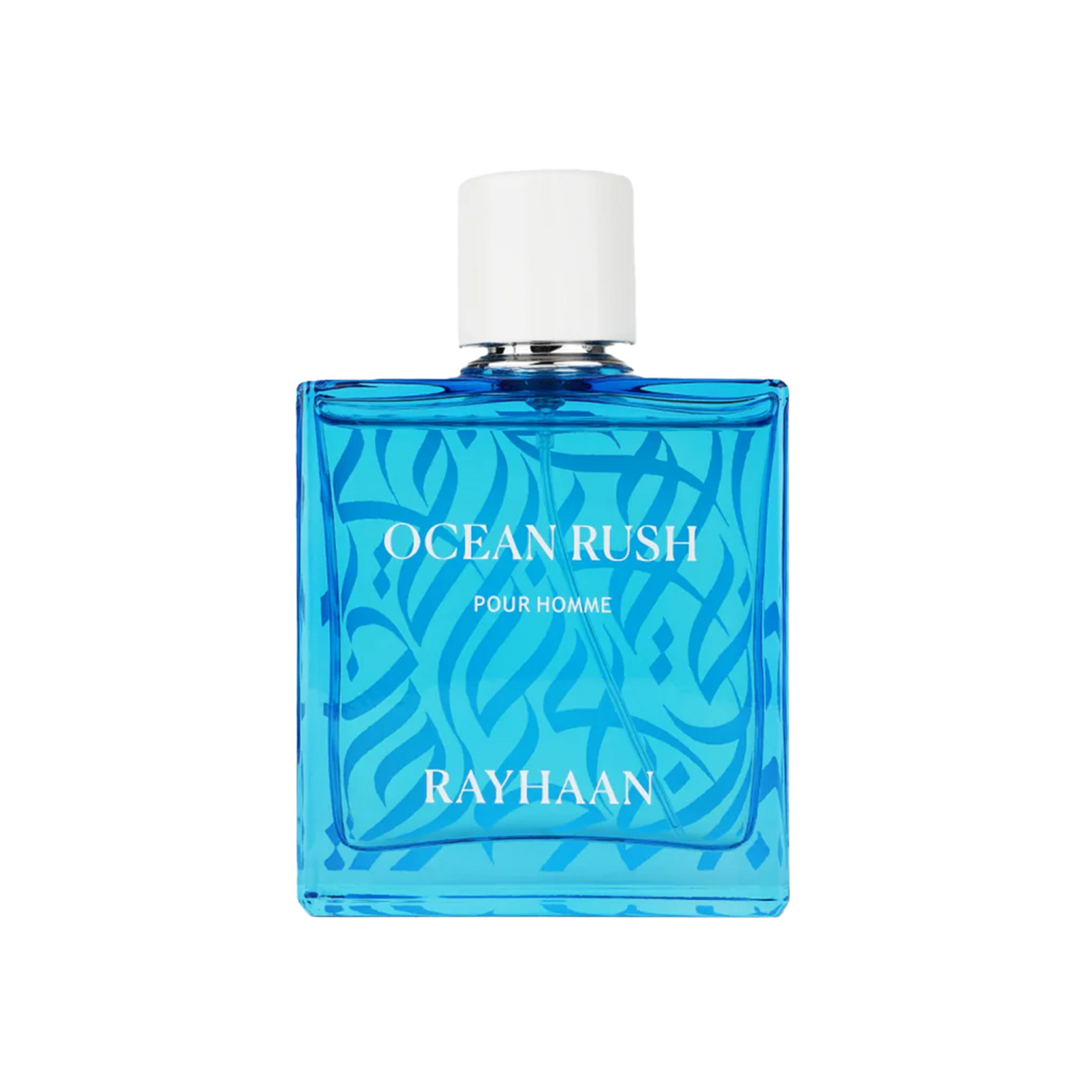 Blue square bottle of Ocean Rush Pour Homme with white cap and wave pattern design.