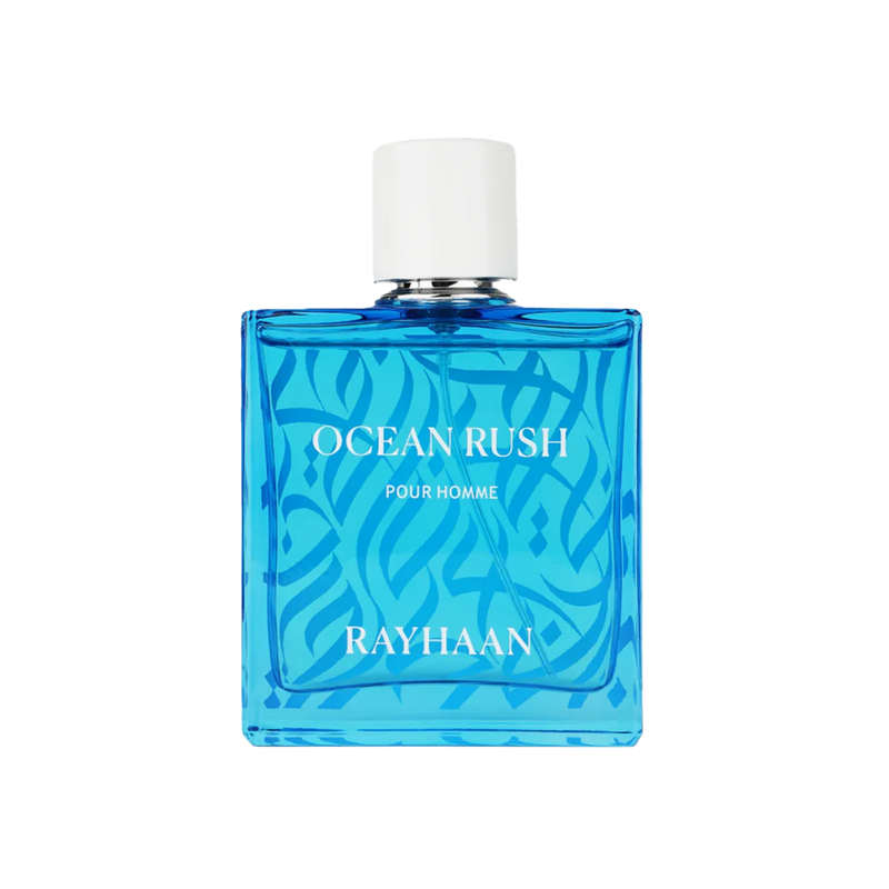 Blue square bottle of Ocean Rush Pour Homme with white cap and wave pattern design.