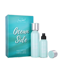 Light blue Gissah Ocean Side Hair Perfume set with two bottles and matching box ocean gradient design.
