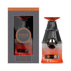 The image features the "Odyssey II Pour Homme Extrait De Parfum 100ml" by Anfar. The perfume bottle has a sleek, modern design with a gradient effect, transitioning from a bold orange at the base to a deep black at the top. The bottle's surface has a text