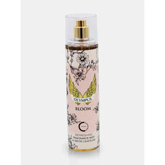 The image is of a product labeled "Olympus Bloom" by Camara. It is a refreshing fragrance mist in a clear, cylindrical bottle with a spray nozzle and a transparent cap. The bottle contains 250 ml (8.45 fl. oz) of the product.