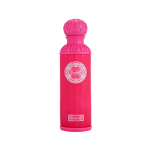 A vibrant pink cylindrical bottle of Gissah One & Only perfume spray. The bottle features intricate designs on the cap and neck, with a label showcasing the brand name "Gissah" and "One & Only" at the bottom.