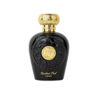 Image of Opulent Oud Eau de Parfum by Lattafa. The bottle is showcased individually, emphasizing its sleek black design with a rich golden cap and a central golden medallion. The bottle's intricate detailing around the medallion, coupled with the 'Opulent