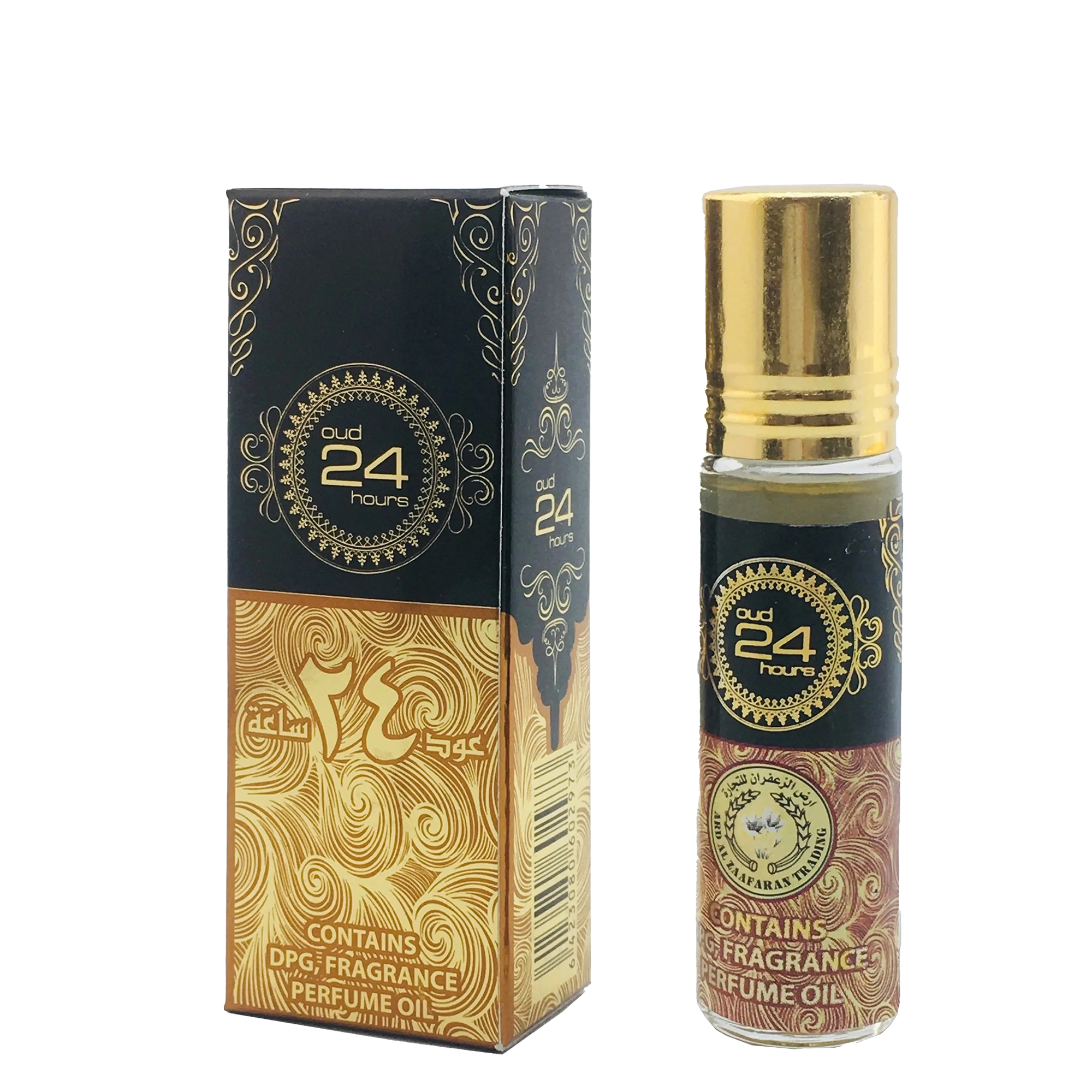 Oud 24 Hours perfume oil roll-on bottle with black and gold packaging and ornate swirl design.