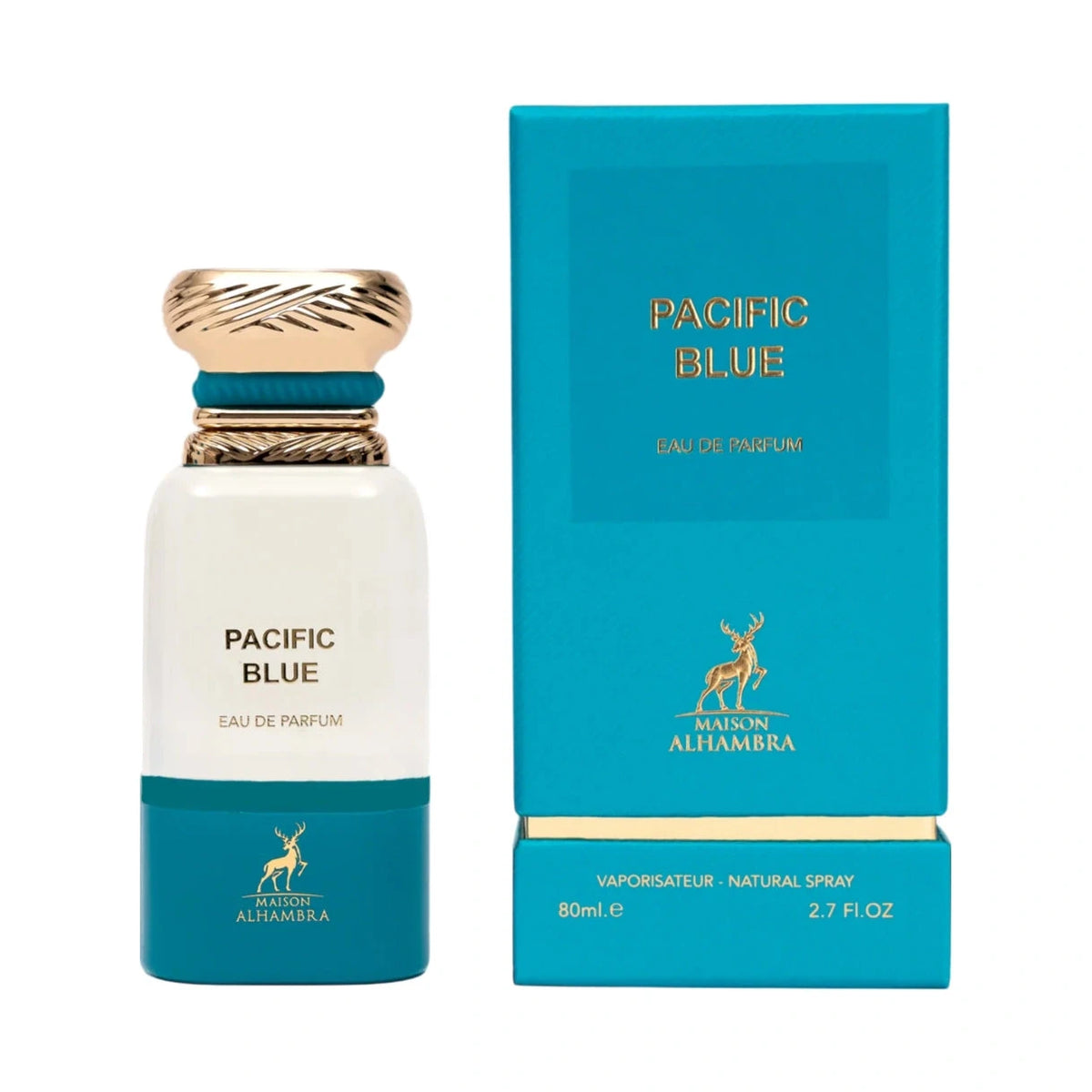 A cylindrical white perfume bottle with a gold and teal cap labeled ‘Pacific Blue Eau De Parfum’ by Maison Alhambra, shown next to its matching teal box with gold lettering and a deer logo."