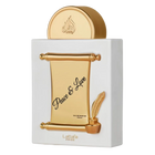 Lattafa Peace & Love perfume bottle in white and gold with scroll and quill design.