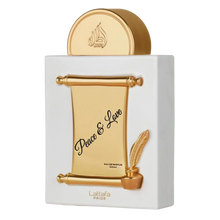 Lattafa Peace & Love perfume bottle in white and gold with scroll and quill design.