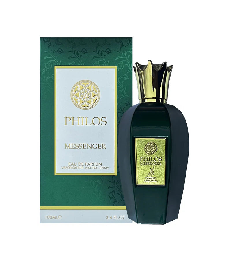 A premium bottle of Philos Messenger Eau de Parfum by Maison Alhambra, presented with a matching green and gold box. The fragrance bottle is a deep emerald green with a gold label and a crown-shaped metallic gold cap, giving it an elegant and regal appearance. The packaging highlights the product name and branding in a sophisticated font, emphasizing its luxurious appeal.