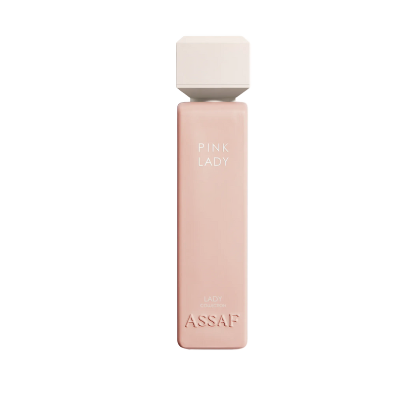 Assaf Pink Lady perfume bottle in soft blush pink glass with a square white cap.