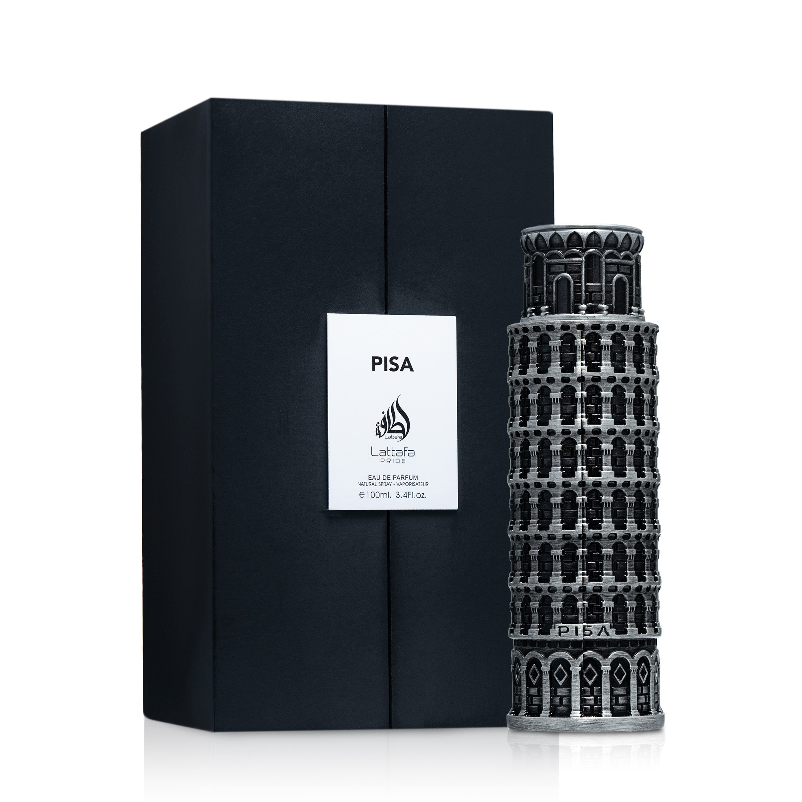 A tall, detailed perfume bottle shaped like the Leaning Tower of Pisa, featuring black and silver architectural accents, shown alongside a sleek black box labeled “PISA” and “Lattafa Pride” in white, indicating a 100ml Eau De Parfum