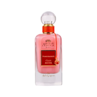 A bottle of Ithra Dubai Pomegranate Musk perfume by Ard Al Zaafaran. It features a clear glass design with a white gradient base and a round glass cap. The perfume liquid has a soft pink hue, and there's a gold-colored brand emblem at the top, with the name of the scent on a red and gold label in the center. A small gold charm with intricate detailing is attached to the neck of the bottle with a red string. The presentation suggests a feminine and luxurious fragrance.