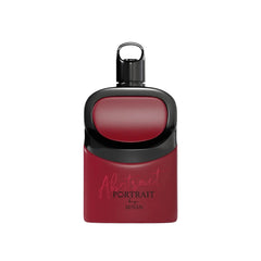 The image depicts a perfume bottle with a modern, minimalist design. The bottle is primarily deep red with a black cap and accent. The label on the front reads "Abstract Portrait" by Afnan. The bottle has a smooth, rounded shape with a matte finish, while the cap is glossy, creating a striking contrast. The overall look is sleek and contemporary, exuding a sense of elegance and sophistication.