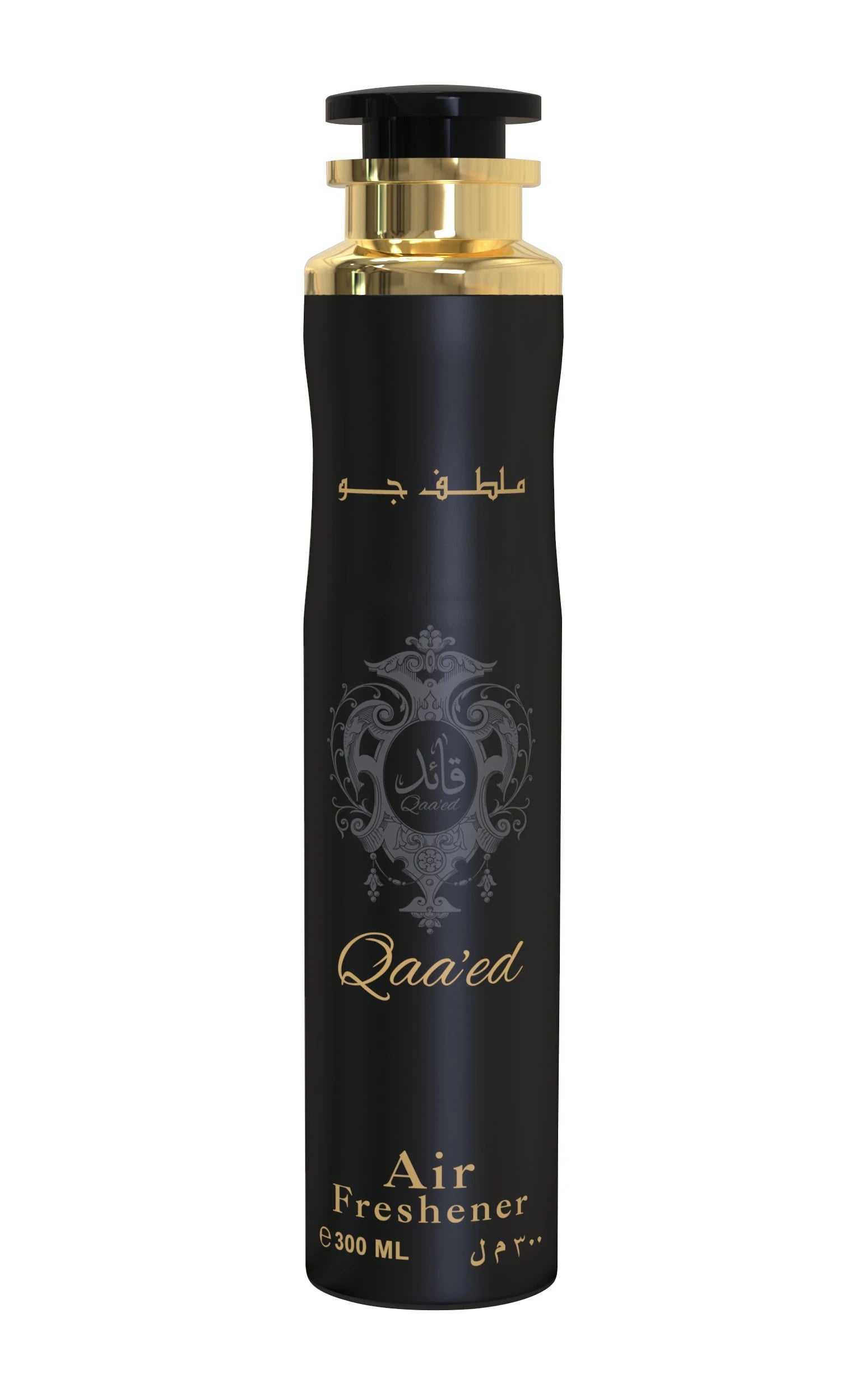 A tall, black cylindrical air freshener can with gold detailing and ornate Arabic calligraphy, labeled ‘Qaa’ed’ by Lattafa, containing 300ml.