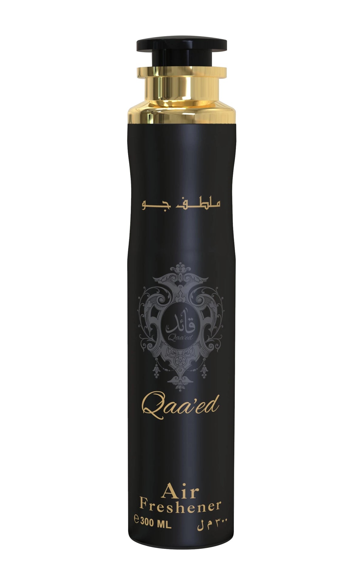 A tall, black cylindrical air freshener can with gold detailing and ornate Arabic calligraphy, labeled ‘Qaa’ed’ by Lattafa, containing 300ml.