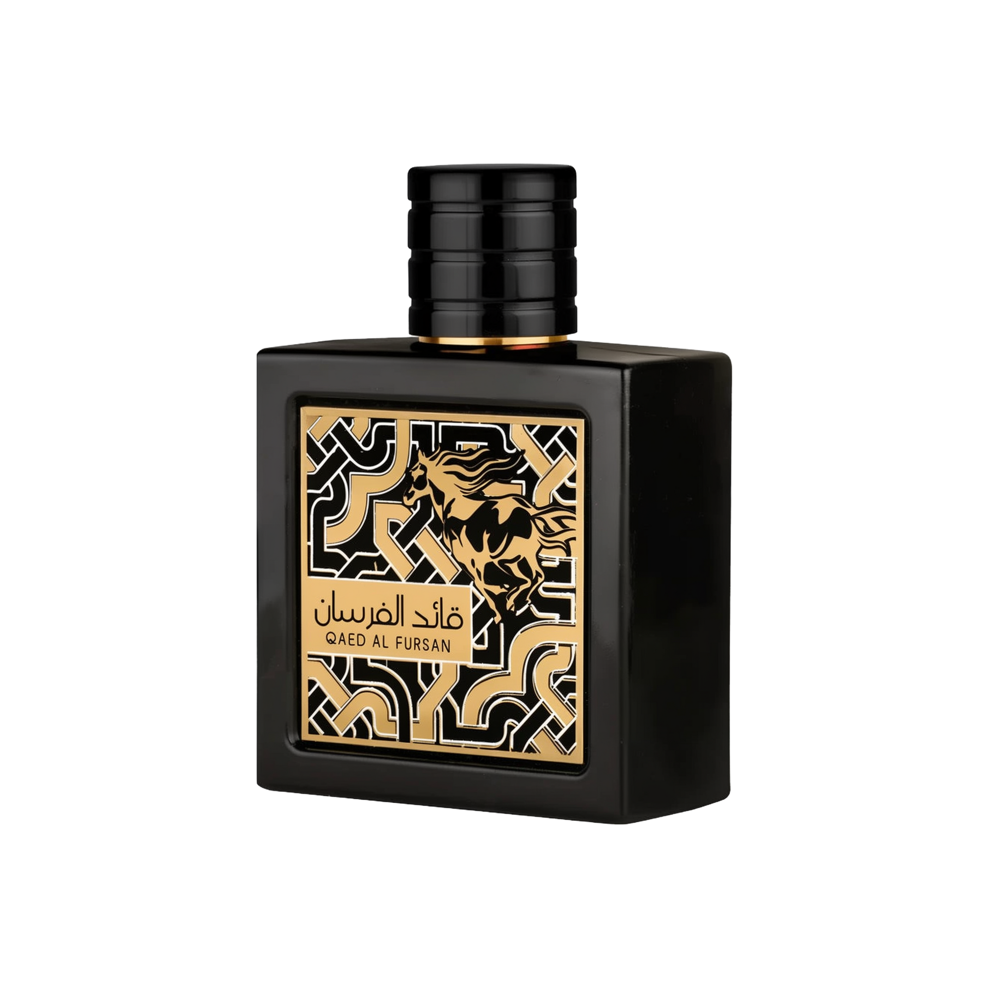 A bold and elegant bottle of Qaed Al Fursan perfume by Lattafa, featuring a sleek black rectangular design with a glossy finish. The front label showcases an intricate black and gold geometric pattern with a striking illustration of a galloping horse. The fragrance name appears in both Arabic and English in a gold block at the bottom left of the design. The bottle is topped with a cylindrical black cap with horizontal ridges, adding to the masculine and powerful aesthetic.