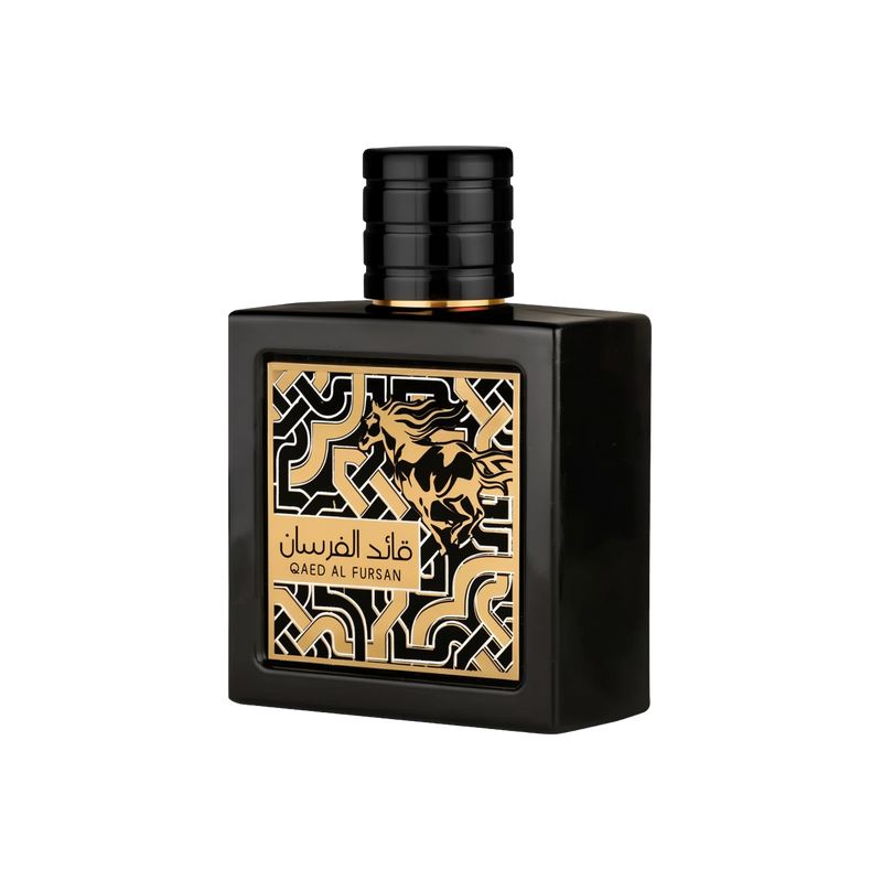 A bold and elegant bottle of Qaed Al Fursan perfume by Lattafa, featuring a sleek black rectangular design with a glossy finish. The front label showcases an intricate black and gold geometric pattern with a striking illustration of a galloping horse. The fragrance name appears in both Arabic and English in a gold block at the bottom left of the design. The bottle is topped with a cylindrical black cap with horizontal ridges, adding to the masculine and powerful aesthetic.