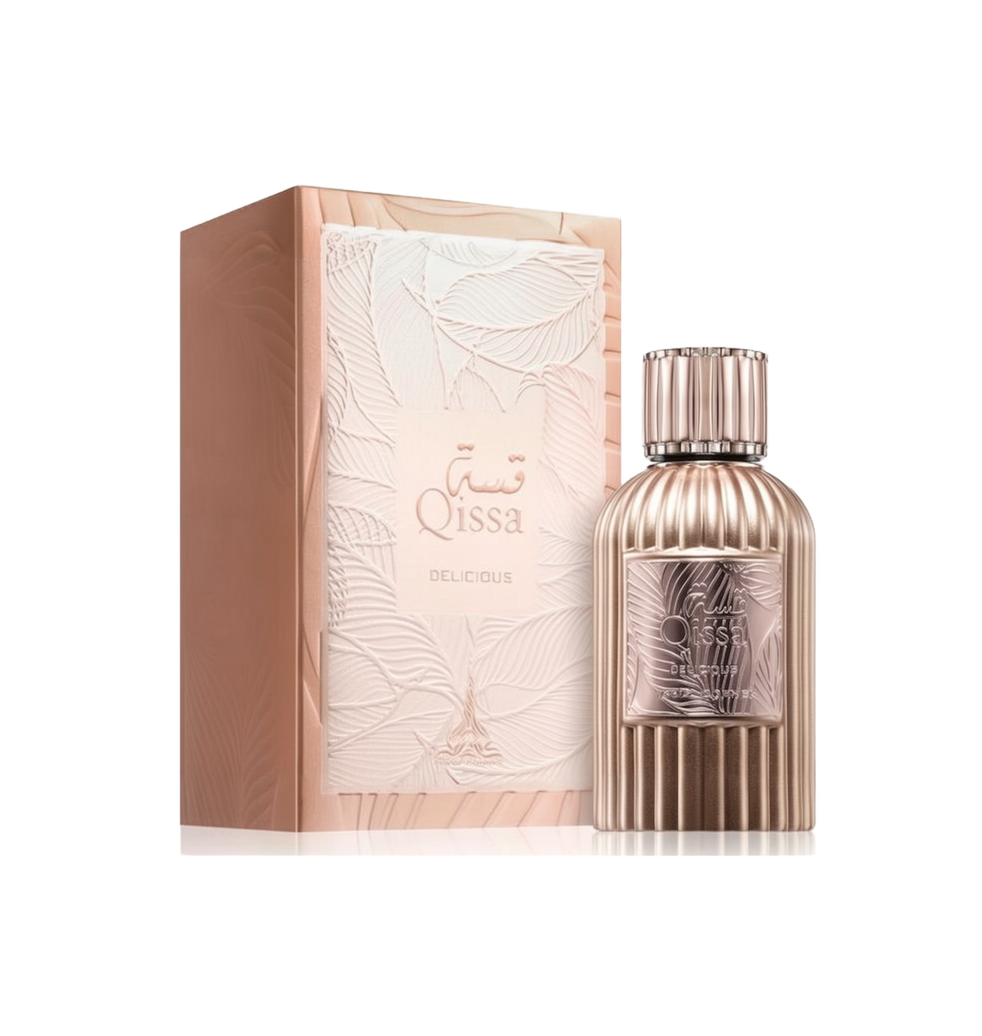 A round metallic perfume bottle with vertical ridges, labeled “Qissa Delicious,” featuring a matching ridged cap, standing beside a pale pink box with an embossed leaf design.