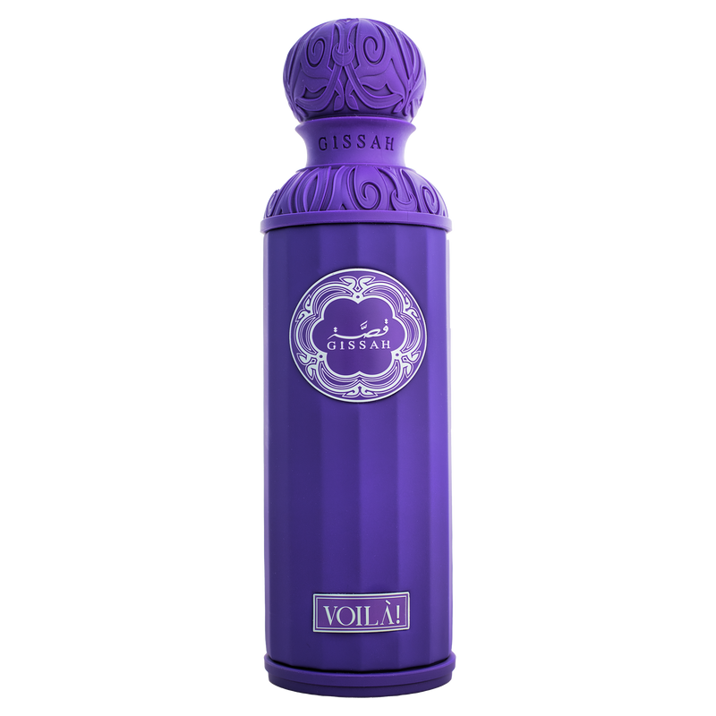 Purple Gissah Voilà perfume bottle with ornate cap on plain white background.