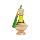 Luxurious gold perfume oil bottle (Quloob) with a clear glass neck displaying yellow oil and accented by a vibrant green tassel.afnan-quloob-concentrated-perfume-oil-gold-green-tassel.jpg