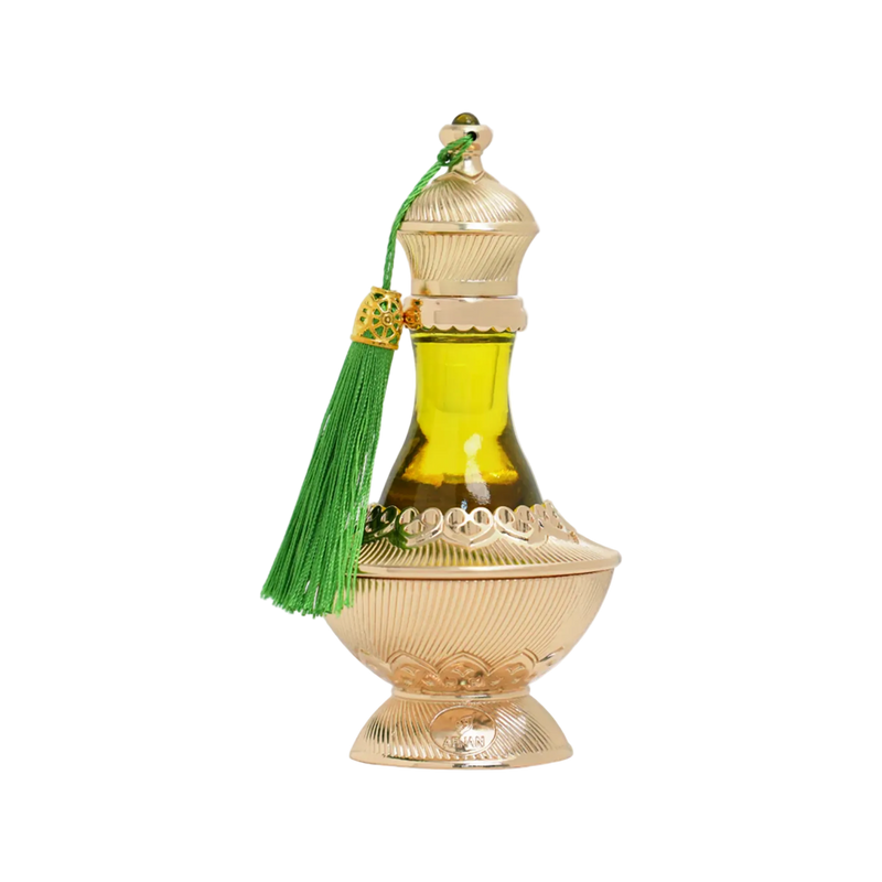 Luxurious gold perfume oil bottle (Quloob) with a clear glass neck displaying yellow oil and accented by a vibrant green tassel.afnan-quloob-concentrated-perfume-oil-gold-green-tassel.jpg