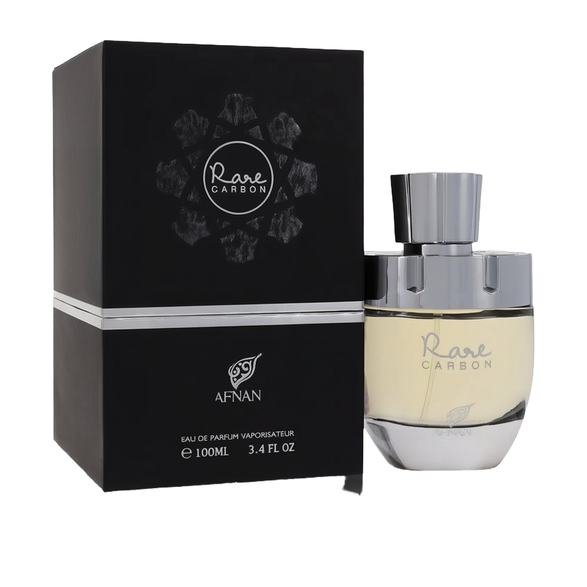 The image features a perfume product called "Rare CARBON" by AFNAN. It shows a sleek perfume bottle alongside its packaging. The bottle has a clear glass bottom where you can see the pale yellow perfume, and a metallic silver cap. The packaging is a square black box with the name "Rare CARBON" encircled by a stylized molecular design in white and grey, suggesting a theme related to carbon or elements. 