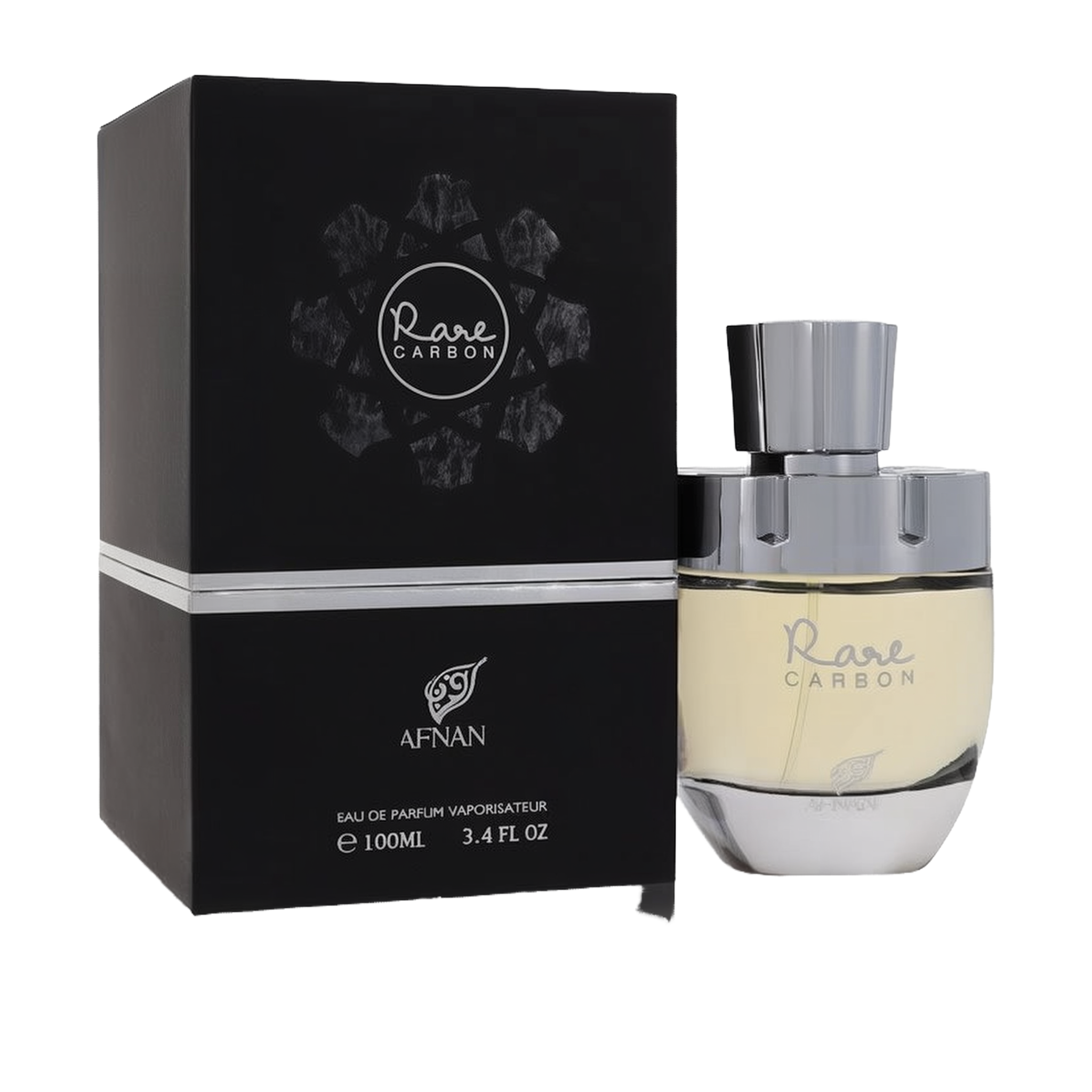 The image features a perfume product called "Rare CARBON" by AFNAN. It shows a sleek perfume bottle alongside its packaging. The bottle has a clear glass bottom where you can see the pale yellow perfume, and a metallic silver cap. The packaging is a square black box with the name "Rare CARBON" encircled by a stylized molecular design in white and grey, suggesting a theme related to carbon or elements. 