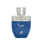 Blue rounded perfume bottle with silver cap and Rare Reef Afnan branding on the front.