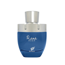 Blue rounded perfume bottle with silver cap and Rare Reef Afnan branding on the front.