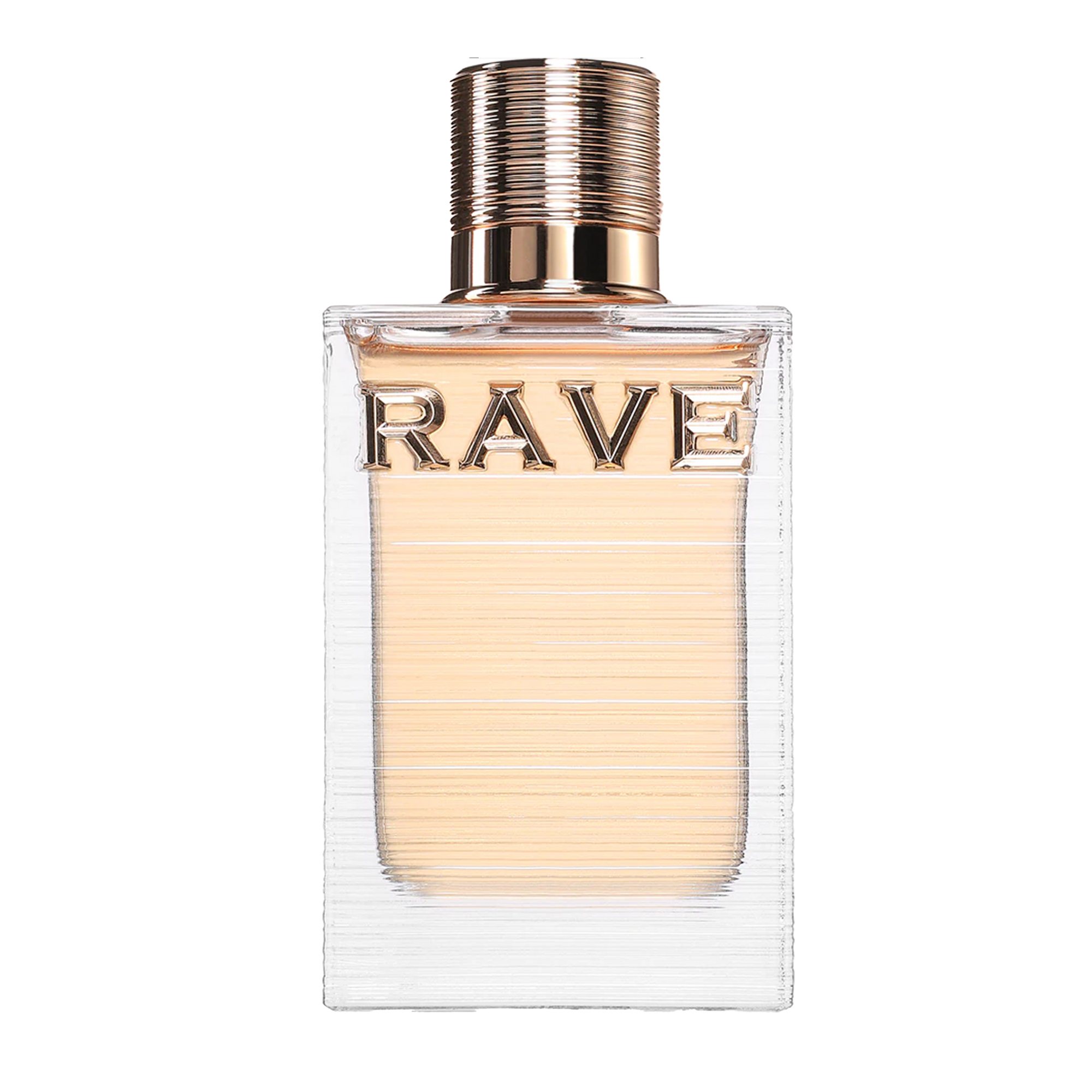 Rave Au Soleil perfume bottle with ribbed glass design and gold cap on a white background.