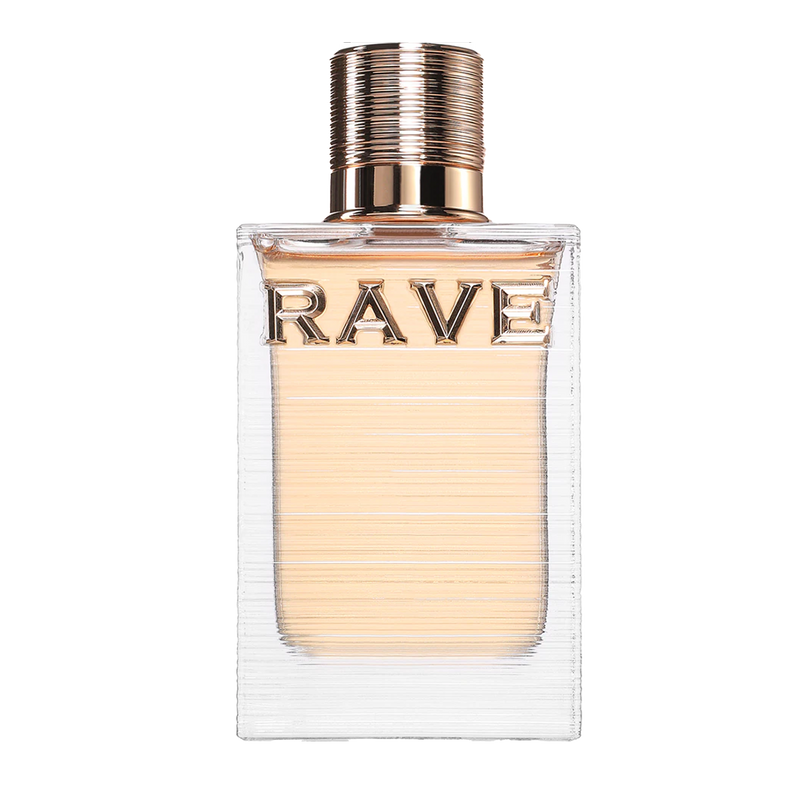 Rave Au Soleil perfume bottle with ribbed glass design and gold cap on a white background.