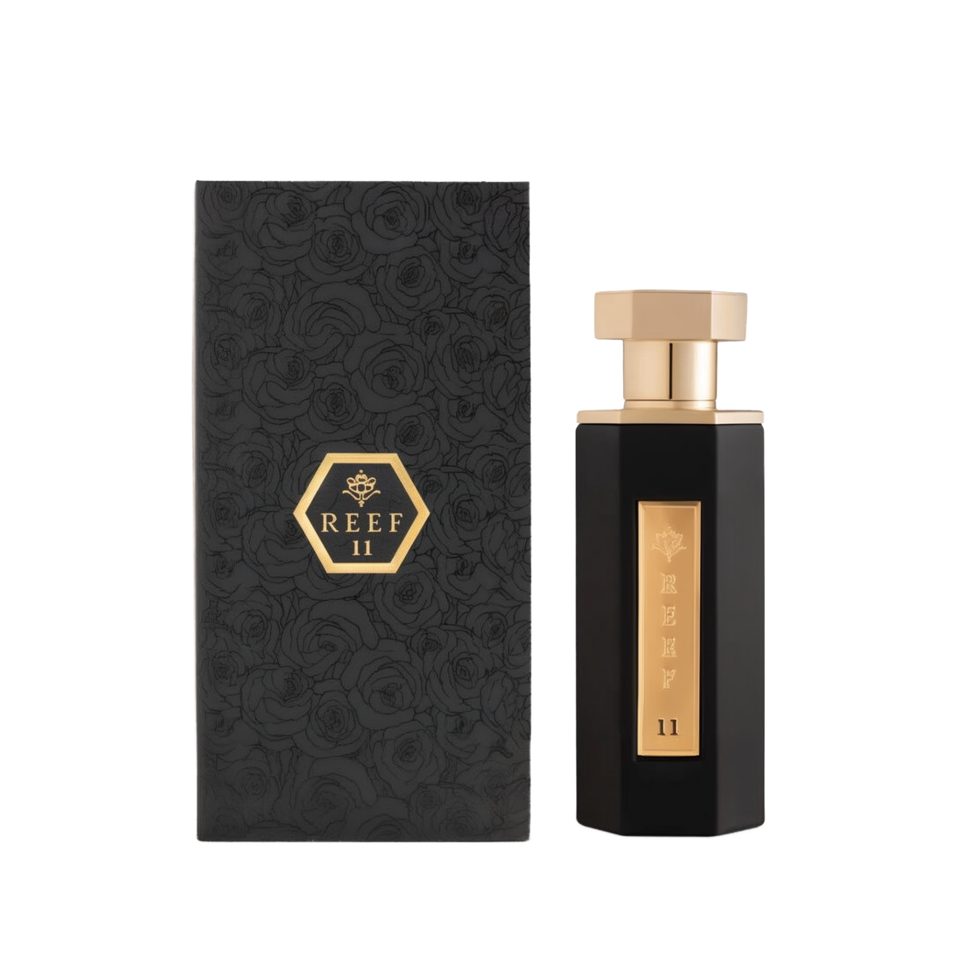 A sophisticated bottle of Reef 11 perfume by Reef Perfumes, displayed alongside its matching box. The bottle is tall and angular with a glossy black finish, featuring a vertical gold label engraved with 'REEF 11' and a crown emblem. It is topped with a geometric gold cap. The accompanying box is textured with an embossed rose pattern and features a gold hexagonal emblem with the fragrance name centered on the front, reinforcing the elegant and premium design