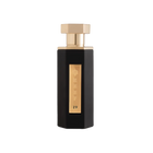 Tall black perfume bottle with gold hexagonal cap and vertical gold plaque marked Reef 19.