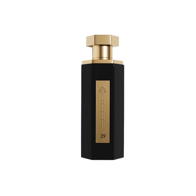 A sleek bottle of Reef 29 perfume by Reef Perfumes, featuring a tall, angular black design with a vertical gold nameplate engraved with 'REEF 29' and a crown emblem above the brand name. The bottle is topped with a polished hexagonal gold cap that complements the minimal yet luxurious aesthetic. The product is presented against a clean white background with a soft shadow.