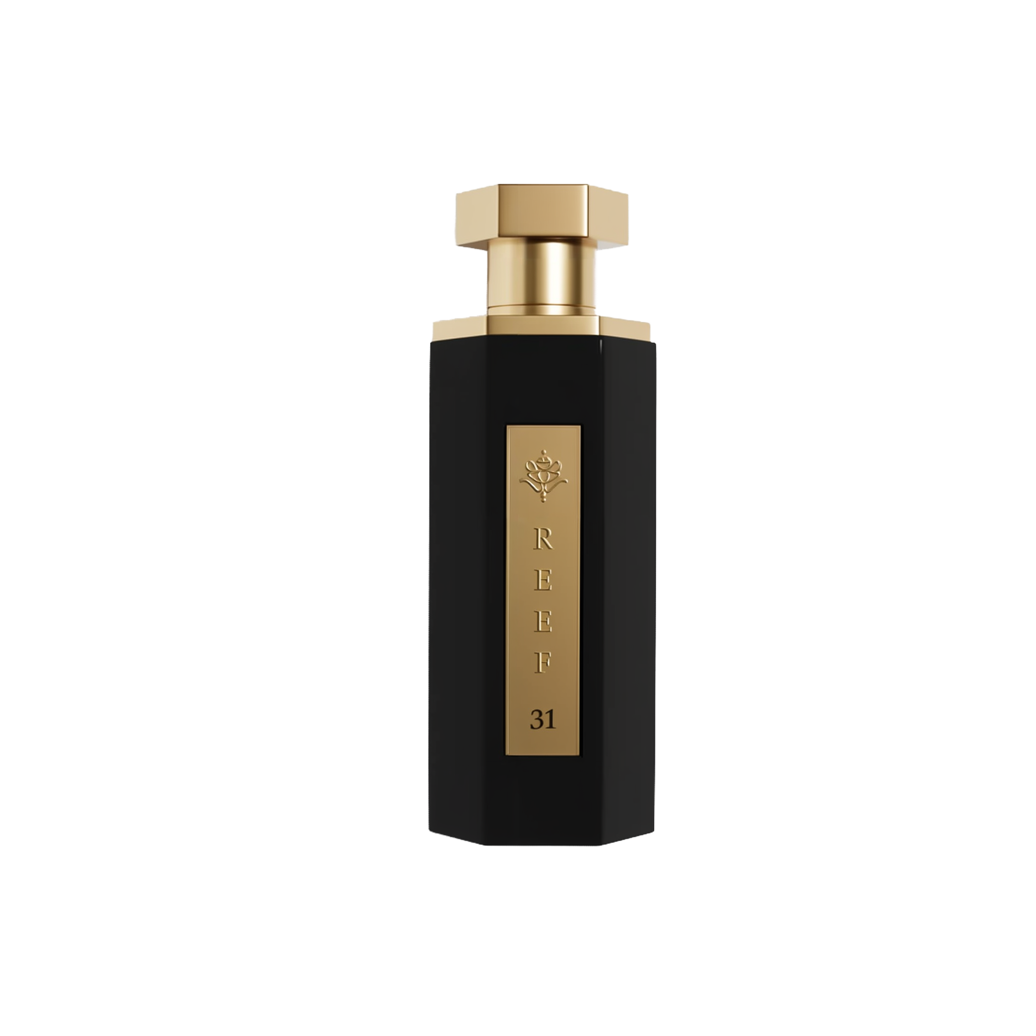 A luxurious black perfume bottle with a hexagonal shape, adorned with a gold cap and a vertical gold label. The label features a rose emblem, the word 'REEF' in vertical capital letters, and the number '31' at the bottom.
