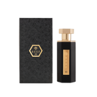 A sleek and elegant bottle of Reef 33 perfume by Reef Perfumes, positioned beside its matching box. The bottle is tall and angular, finished in glossy black with a vertical gold label engraved with 'REEF 33' and a crown emblem. It is topped with a polished gold hexagonal cap. The accompanying black box features an embossed rose pattern and a gold hexagon with the brand and fragrance name, reflecting a luxurious and refined aesthetic.