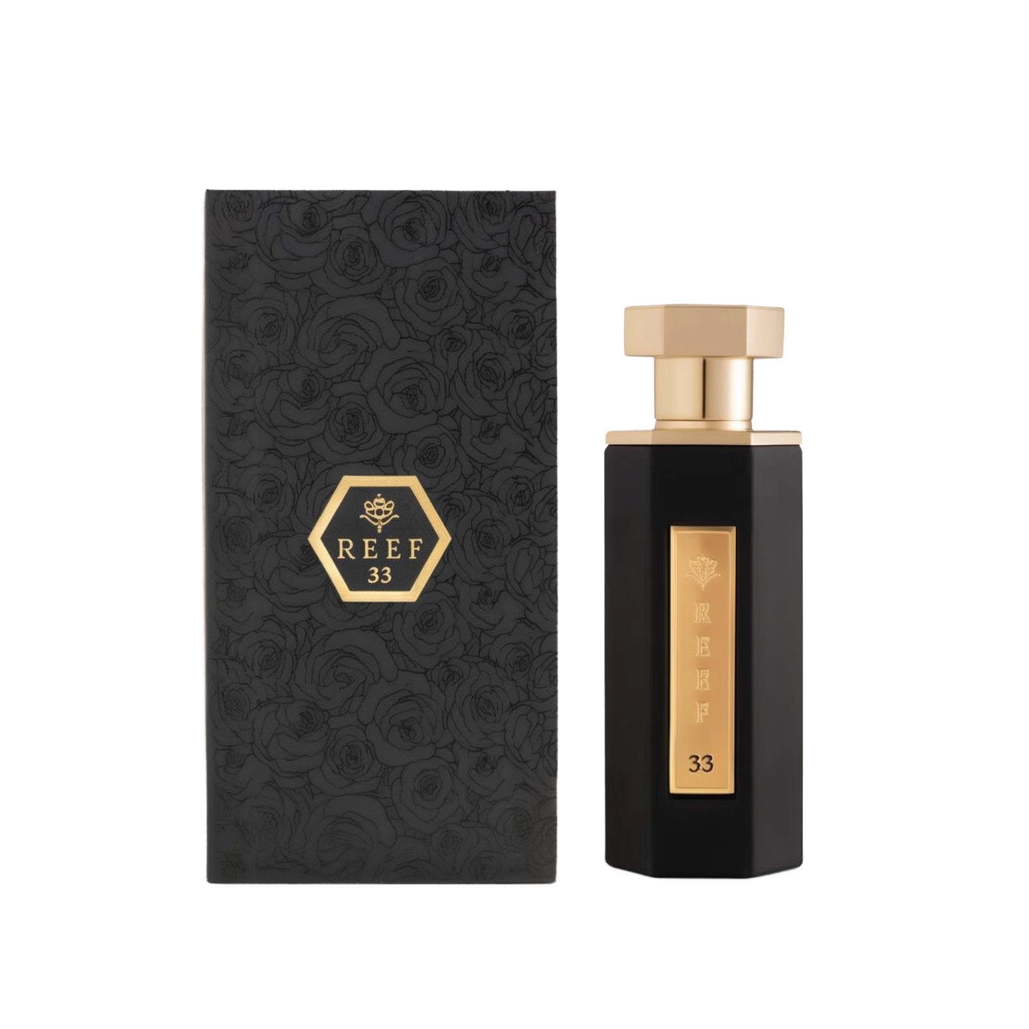 A sleek and elegant bottle of Reef 33 perfume by Reef Perfumes, positioned beside its matching box. The bottle is tall and angular, finished in glossy black with a vertical gold label engraved with 'REEF 33' and a crown emblem. It is topped with a polished gold hexagonal cap. The accompanying black box features an embossed rose pattern and a gold hexagon with the brand and fragrance name, reflecting a luxurious and refined aesthetic.