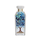 A vibrant and artistic bottle of Pure Fruity perfume by Reef Perfumes. The tall, white, angular bottle features a colorful abstract painting of a tree with dense blue, green, and white foliage on its front face.