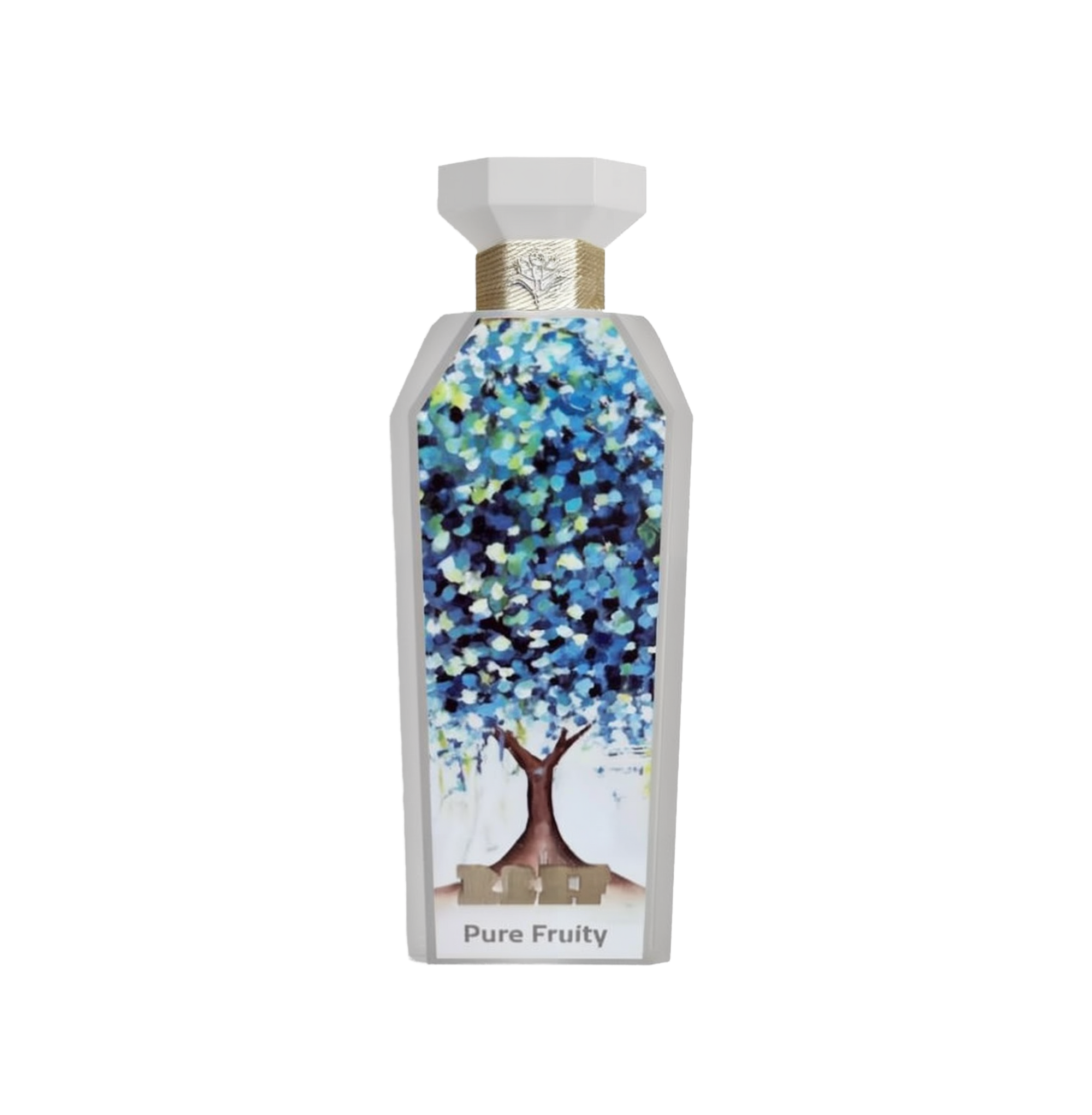 A vibrant and artistic bottle of Pure Fruity perfume by Reef Perfumes. The tall, white, angular bottle features a colorful abstract painting of a tree with dense blue, green, and white foliage on its front face. Below the artwork, the label reads 'REEF Pure Fruity' in soft gray text. The bottle is topped with a faceted white cap and accented by a textured gold neck band embossed with the Reef emblem, giving it a creative and nature-inspired aesthetic