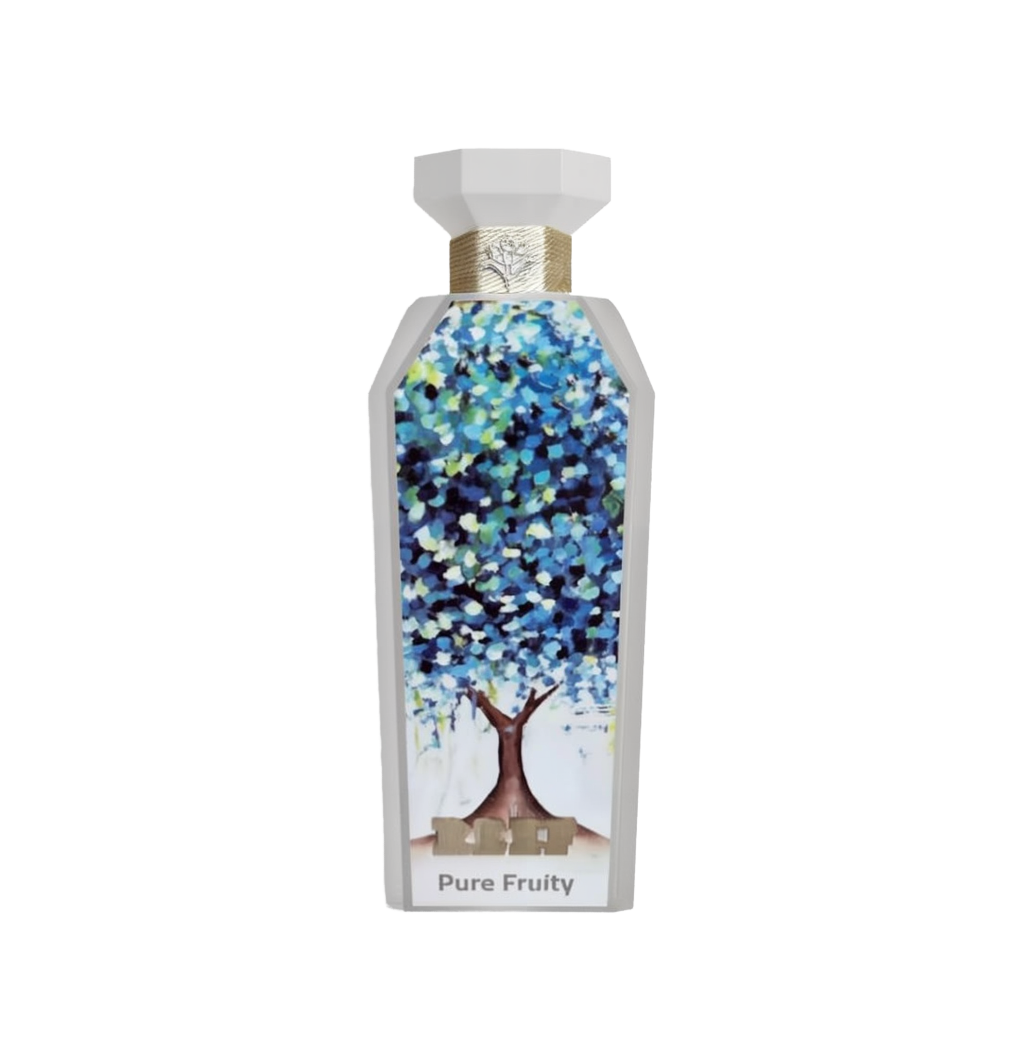 A vibrant and artistic bottle of Pure Fruity perfume by Reef Perfumes. The tall, white, angular bottle features a colorful abstract painting of a tree with dense blue, green, and white foliage on its front face. Below the artwork, the label reads 'REEF Pure Fruity' in soft gray text. The bottle is topped with a faceted white cap and accented by a textured gold neck band embossed with the Reef emblem, giving it a creative and nature-inspired aesthetic
