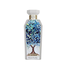 A vibrant and artistic bottle of Pure Fruity perfume by Reef Perfumes. The tall, white, angular bottle features a colorful abstract painting of a tree with dense blue, green, and white foliage on its front face.