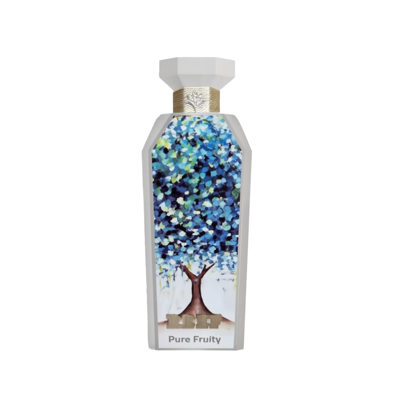 A vibrant and artistic bottle of Pure Fruity perfume by Reef Perfumes. The tall, white, angular bottle features a colorful abstract painting of a tree with dense blue, green, and white foliage on its front face. Below the artwork, the label reads 'REEF Pure Fruity' in soft gray text. The bottle is topped with a faceted white cap and accented by a textured gold neck band embossed with the Reef emblem, giving it a creative and nature-inspired aesthetic
