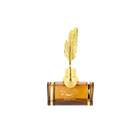 The image features an elegant, transparent amber-colored perfume bottle with a distinctive golden feather as its cap. The bottle has a robust, rectangular shape with rounded shoulders, and a gold neck that supports the feather-shaped cap, adding a luxurious touch to the design. On the front of the bottle, there is script text which appears to be a brand or perfume name, possibly in Arabic, and the word "Resala" in a stylized font.