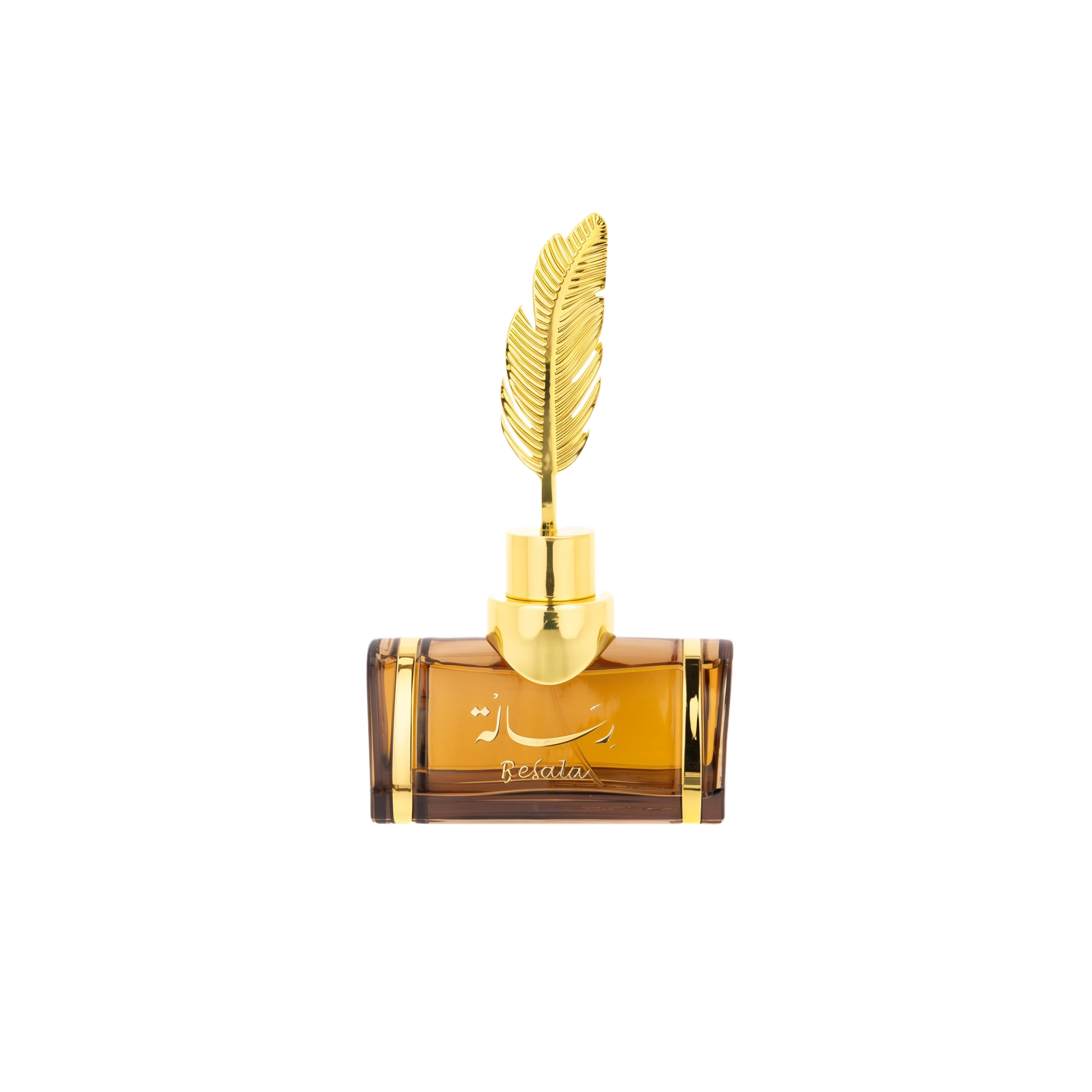 The image features an elegant, transparent amber-colored perfume bottle with a distinctive golden feather as its cap. The bottle has a robust, rectangular shape with rounded shoulders, and a gold neck that supports the feather-shaped cap, adding a luxurious touch to the design. On the front of the bottle, there is script text which appears to be a brand or perfume name, possibly in Arabic, and the word "Resala" in a stylized font.